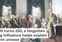 This painting depicts the Constitutional Convention in 1787. The Founding Fathers leaned on French philosopher Montesquieu as they designed the Constitution. GraphicaArtis/Archive Photos via Getty